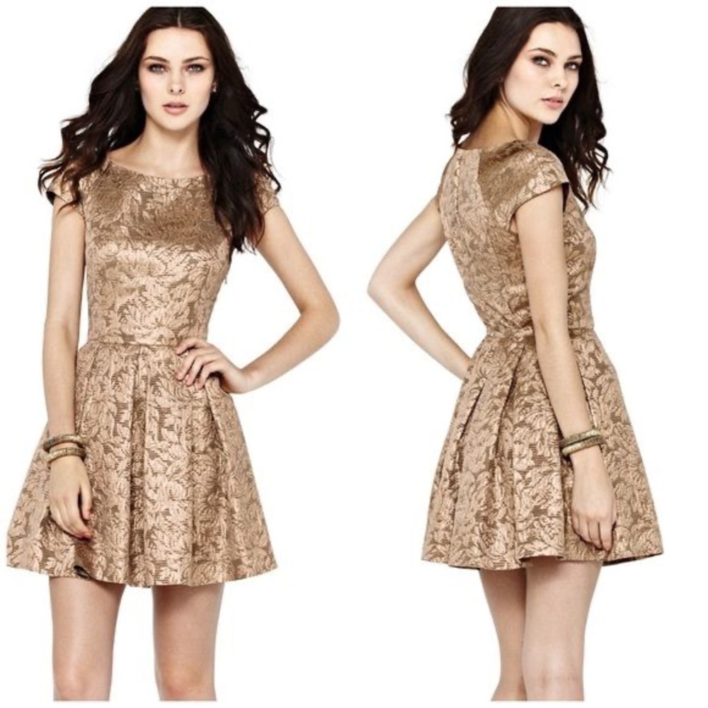 French Connection Gold Brocade Pleated Dress